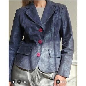 Suede Leather Jacket, Navy Blue, short, buttoned, pockets, collared, vintage Y2K